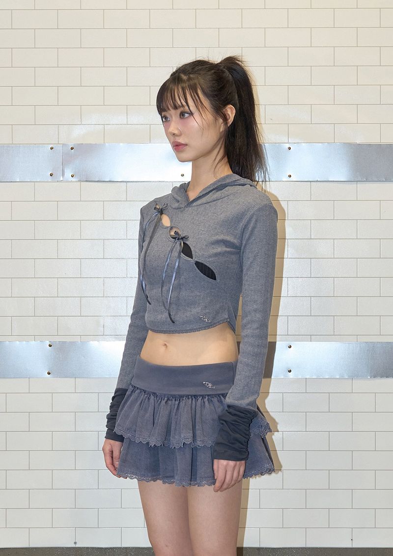 wave lace ribbon hoody - grey