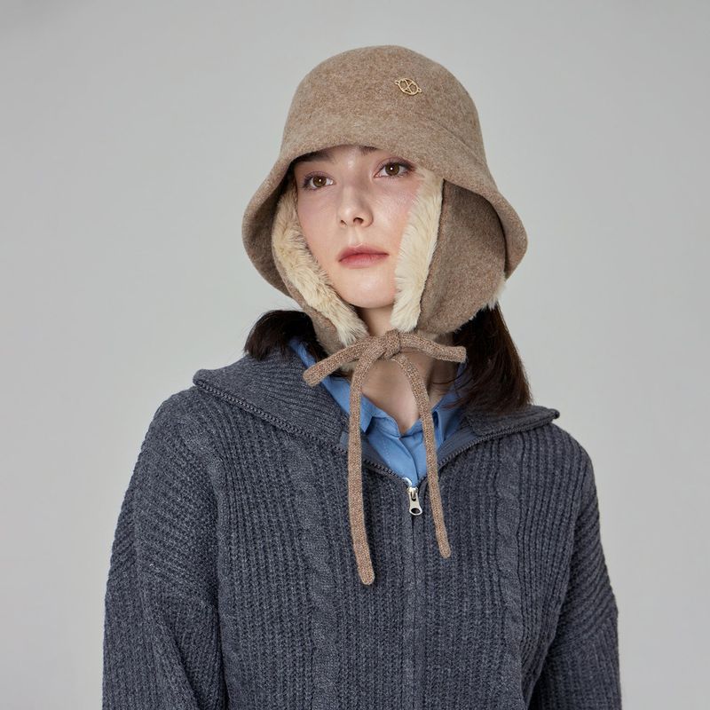 VA Curved Circle Logo Wool Blend Flap Bucket Hat / Beige