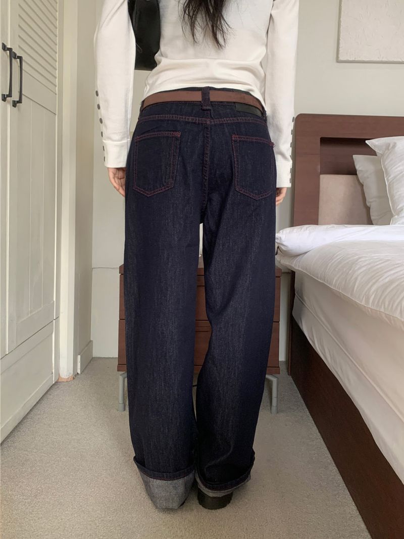 ペニーレッドステッチローワイドデニムパンツ