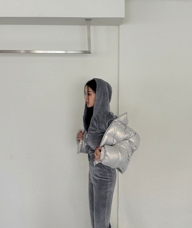 Velvet Shirring Hood Zip-Up