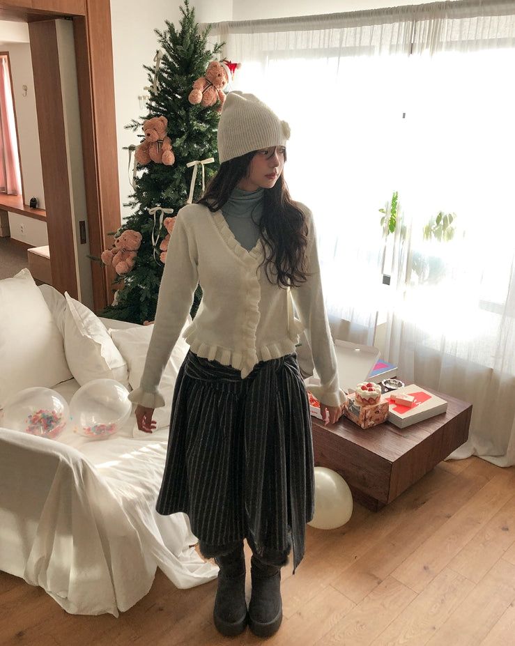 [wool 20%] Tir Stripe Tie Midi Skirt