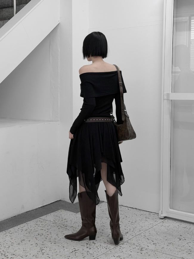 Roach chiffon unbalanced flare skirt