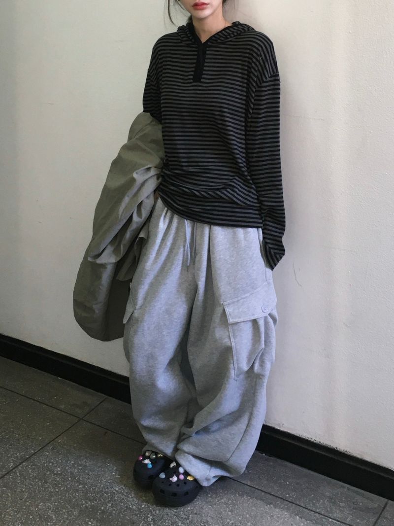 Slim Striped Henley Neck Hoodie (4c)