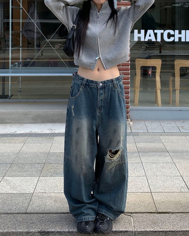 (Unisex) ボタンダメージデニムパンツ