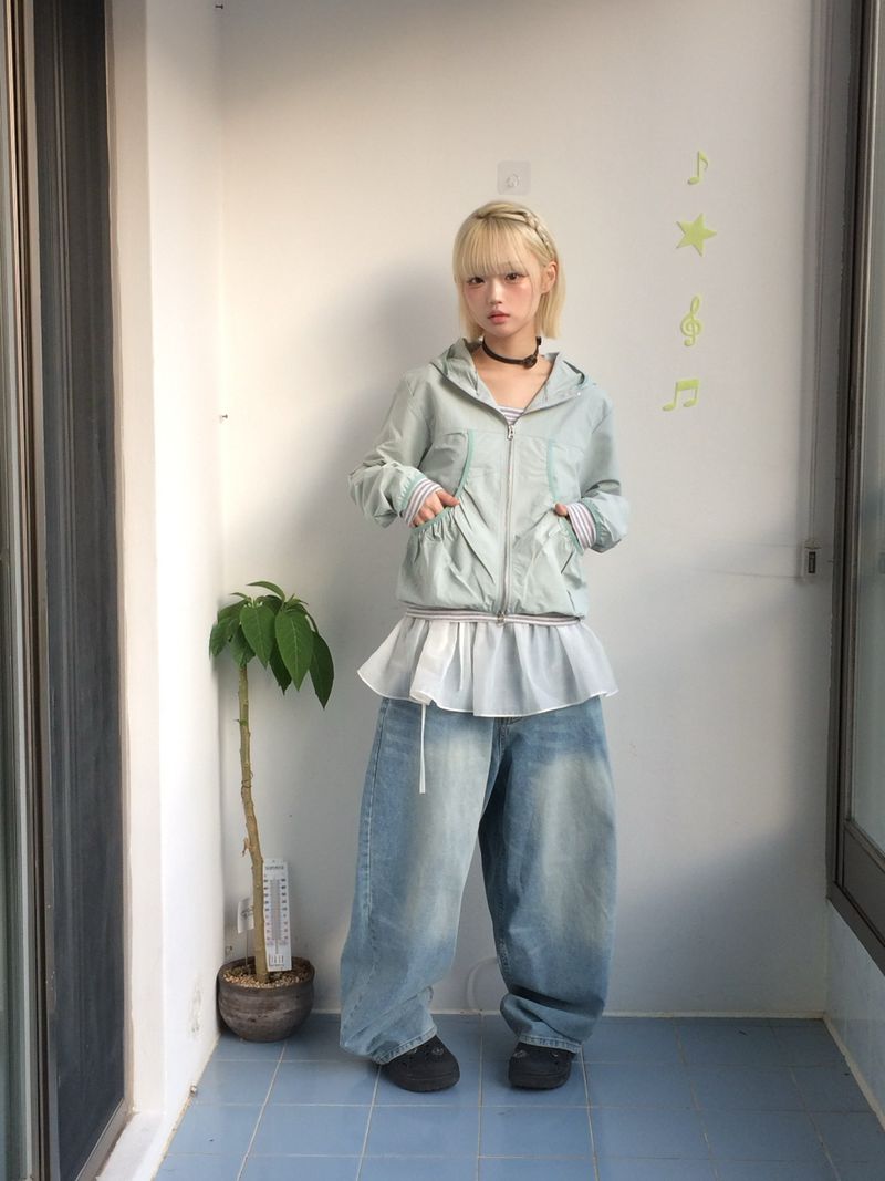 Shirring Pocket Two-Way Wind Zip-Up
