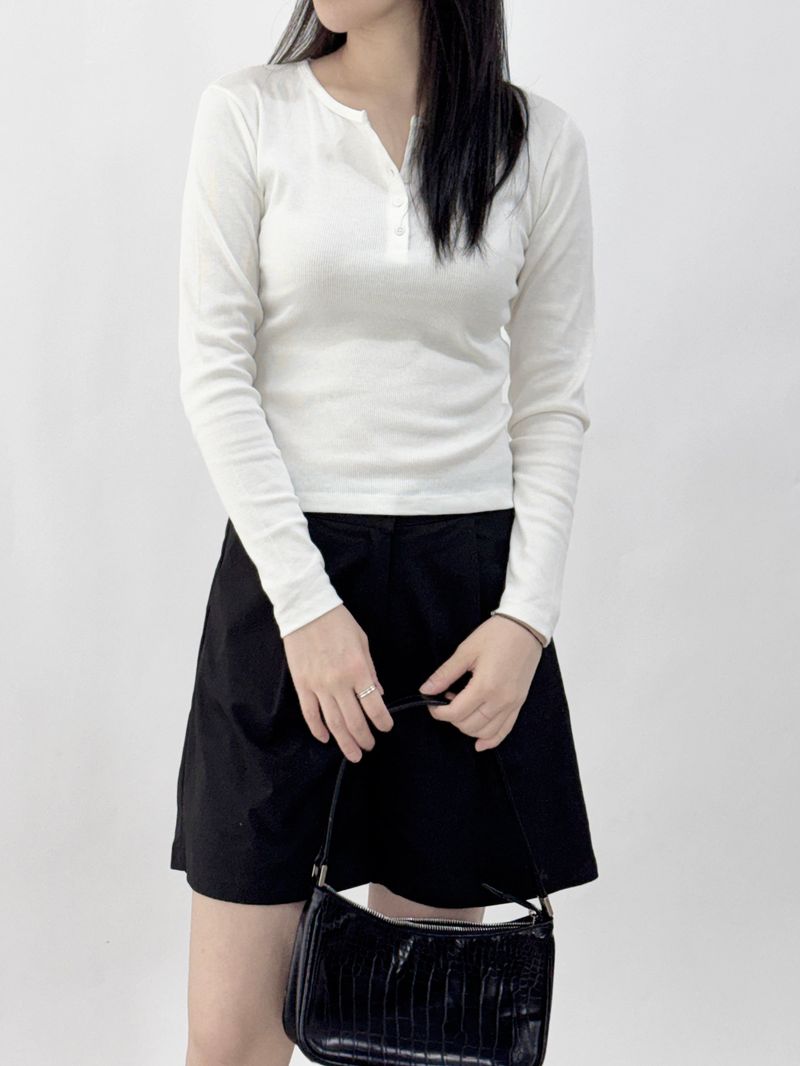 Mik Button Color Block Long Sleeve T-shirt