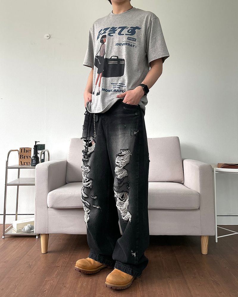 Destroyed brush denim pants