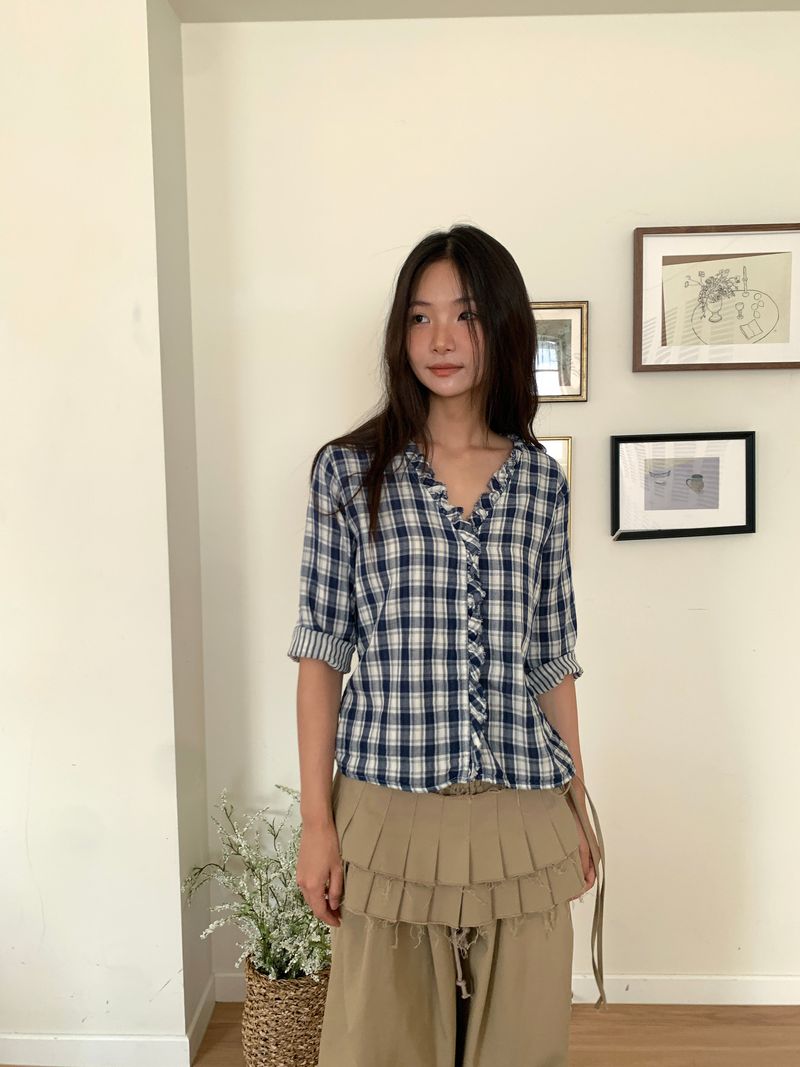 WASHED CHECK FRILL SHIRT (2C)