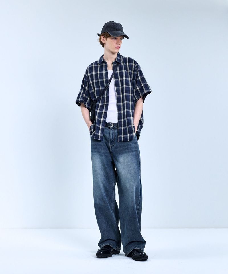 87-STAN067 Vintage Forest OverFit Short-Sleeved Tartan Check Shirt