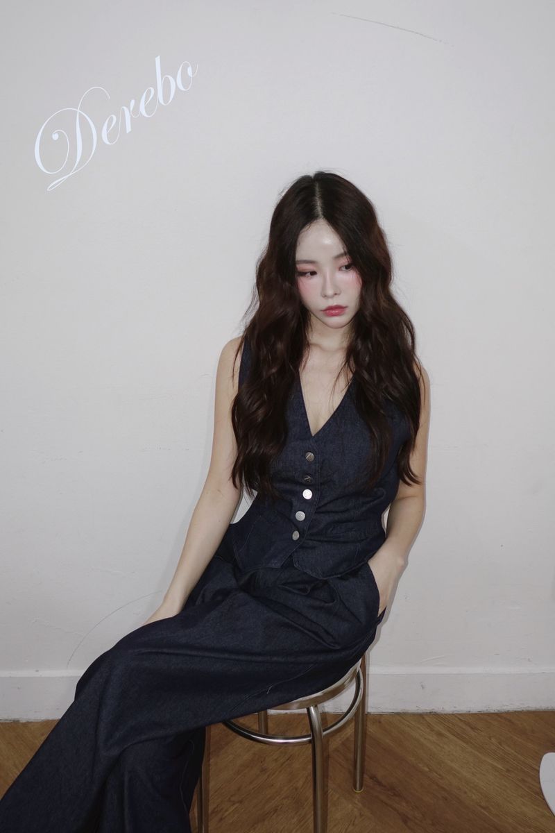 Dark blue denim vest pants two-piece
