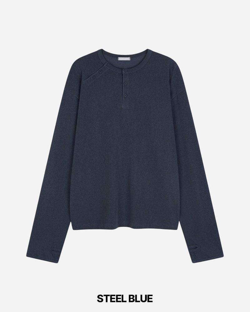 Double Washed Henley Neck Long Sleeve