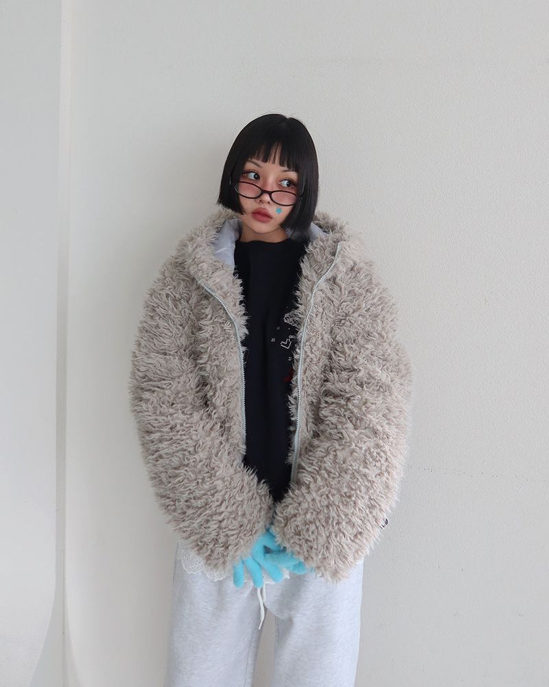 Rabbit ear hood zip-up soft fur jacket