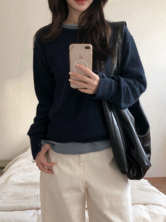 Sleeve Button Loose Wool Round Knit (4color)