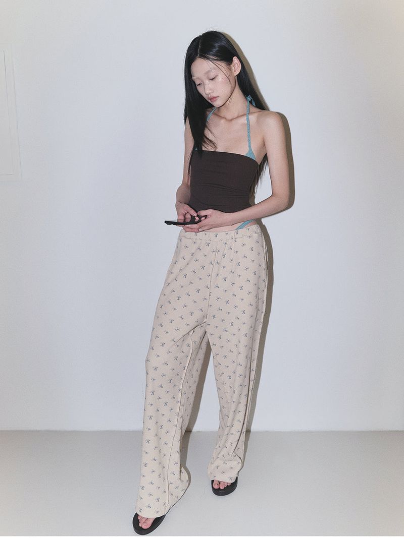 Floral Pattern Waffle Loose fit Pants_Dusty Beige