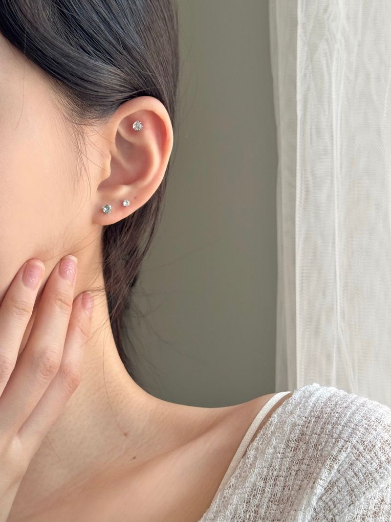 [3 set] surgical heart cubic earring set / 2 color / mini daily simple layered