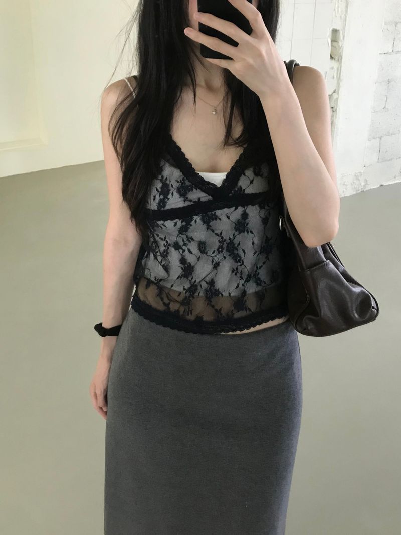 Flower See-Through Lace Sleeveless Top (2 colors)