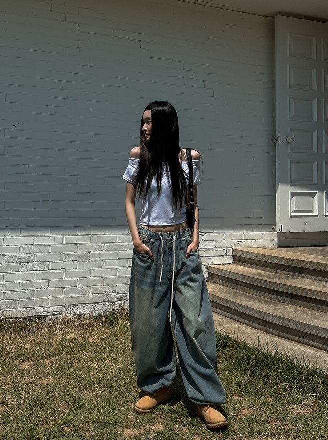 Fit String Banded Balloon Denim Pants