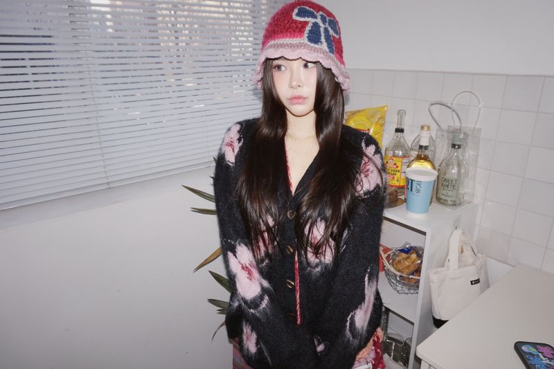 Hot Pink Knit Flower Bunk Hat & Bag Set