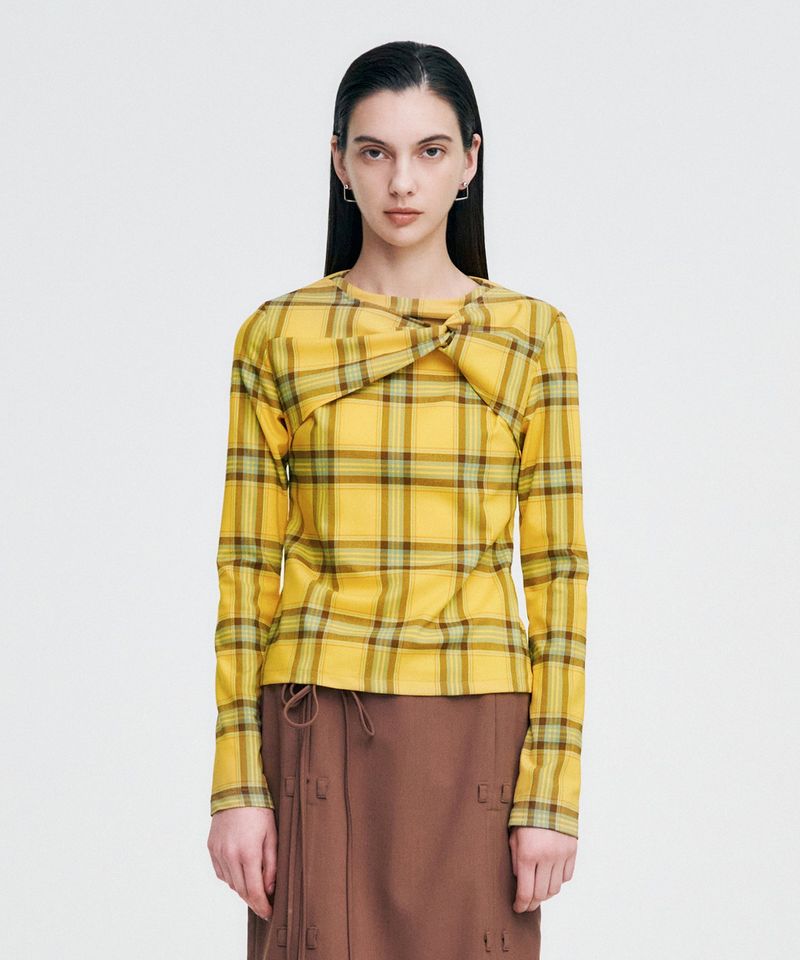 Twisted Check High-neck Top _ YELLOW