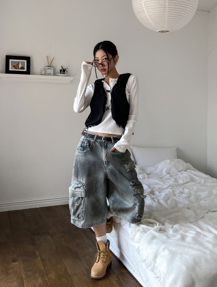 Burn dirty washing utility pocket bermuda pants