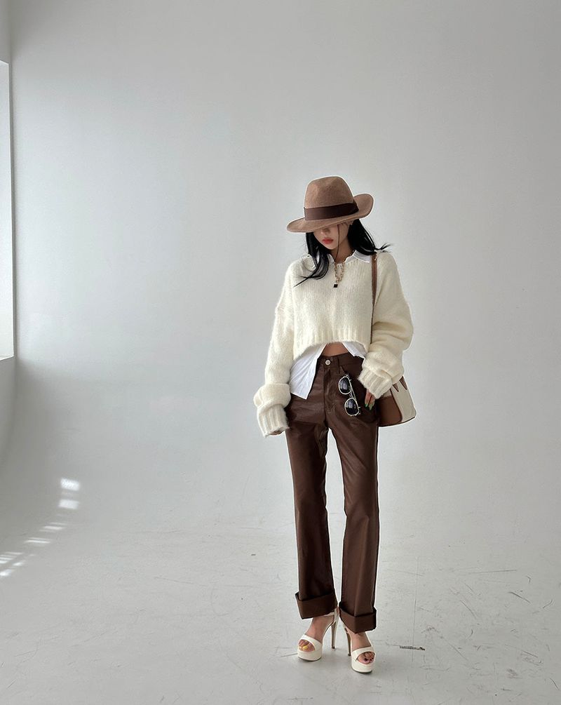 leather coated straight pants