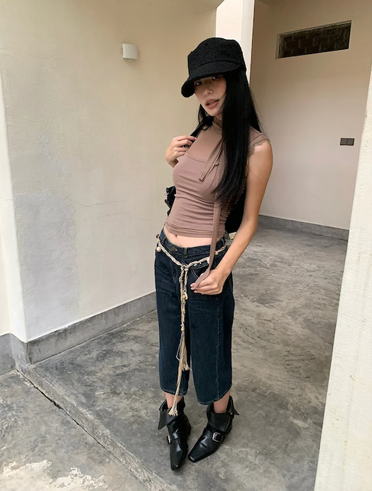 Retro straight capri denim pants