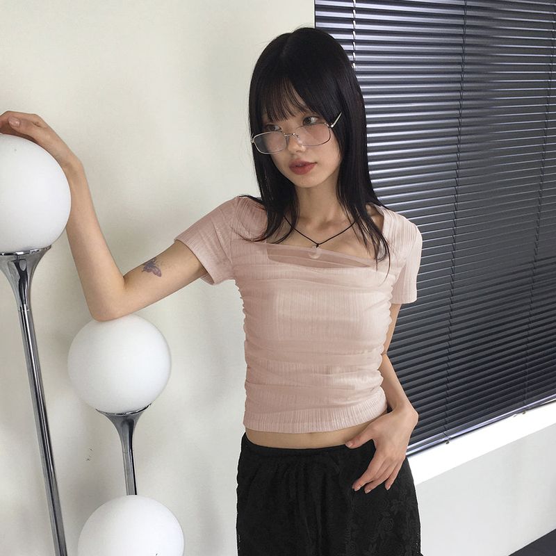 WONDER WONDER（ワンダーワンダー）の「Lorun mesh see-through shirring square neck short-sleeved T-shirt（Tops）」