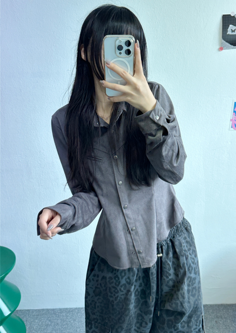 SUEDE SLIM LINE SHIRT BLOUSE🤎🖤🩶 - 3 COLORS
