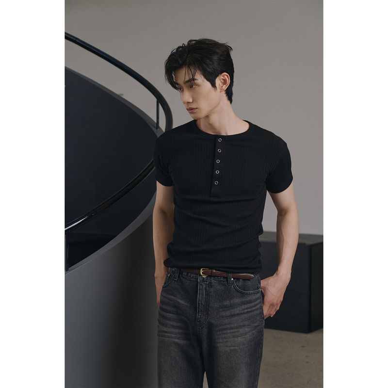 High ribbed henry neck half sleeves(Black)