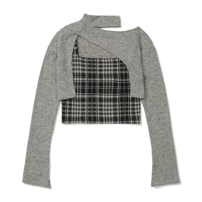 レイヤードチェックニットセット / Layered Check Knit Set [GREY]