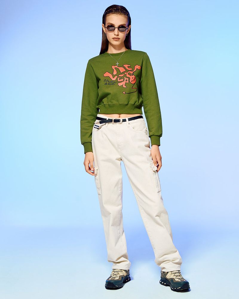 DEVIL HEAD LOGO CROP SWEATSHIRT-OLIVE
