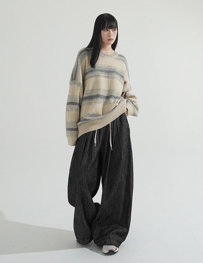 Natural Pintuck Balloon String Denim Pants