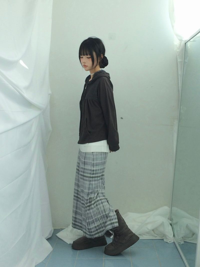 Flower Lace Half-Shirring Hooded Zip-Up