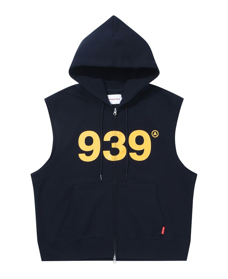 ARCHIVE BOLD(アーカイブボールド)の「939 LOGO HOOD ZIP-UP SLEEVELESS (NAVY)(Tops)」