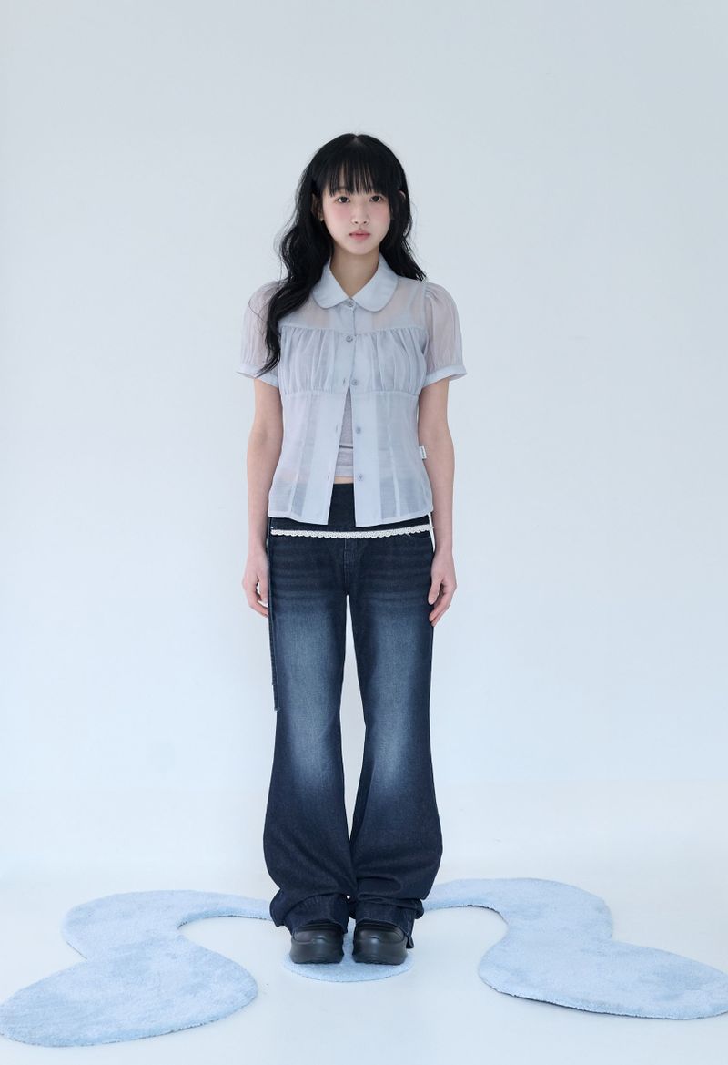SHIRRING SHEER BLOUSE MISTY BLUE