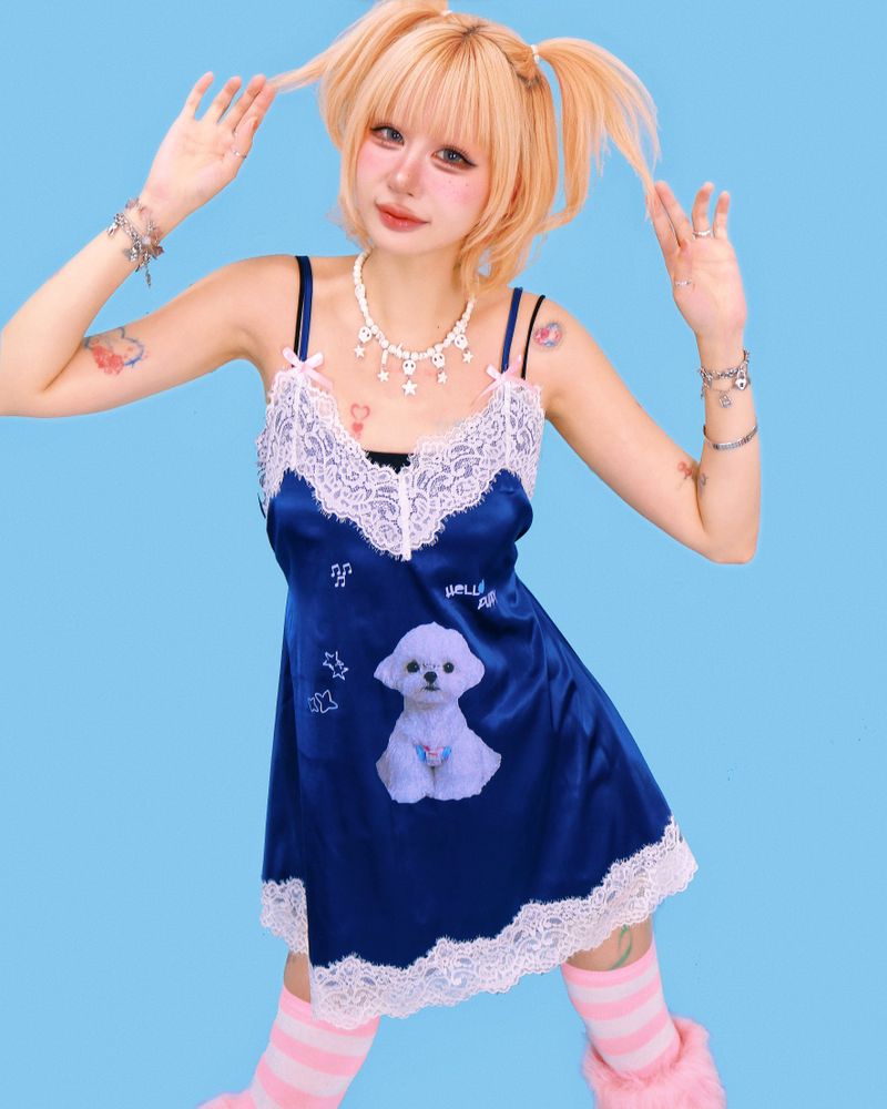 puppy lace slip-dress