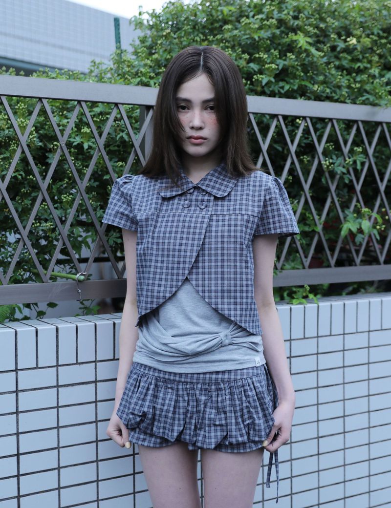 CHECKERED DOUBLE BLOUSE(NAVY)