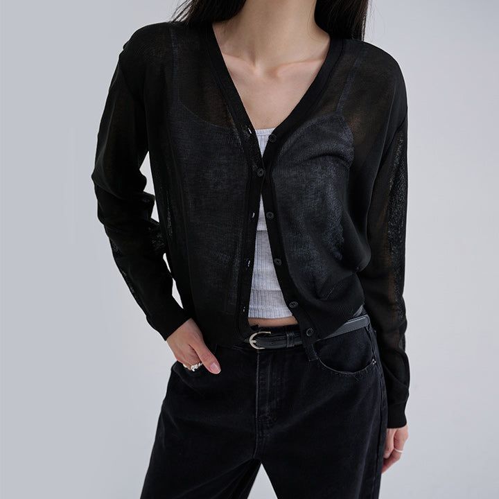 [Polia] Sheer V-neck Long Sleeve Cardigan - 8color