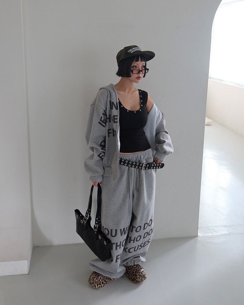 [UNISEX] One-two lettering oversized-fit hooded zip-up jacket