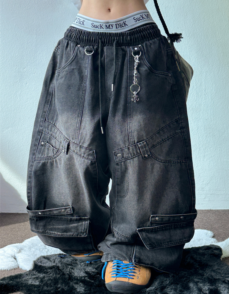 HIP RIVET KEYRING DOWN CARGO DENIM LONG PANTS🩵🩶 - 2 COLORS