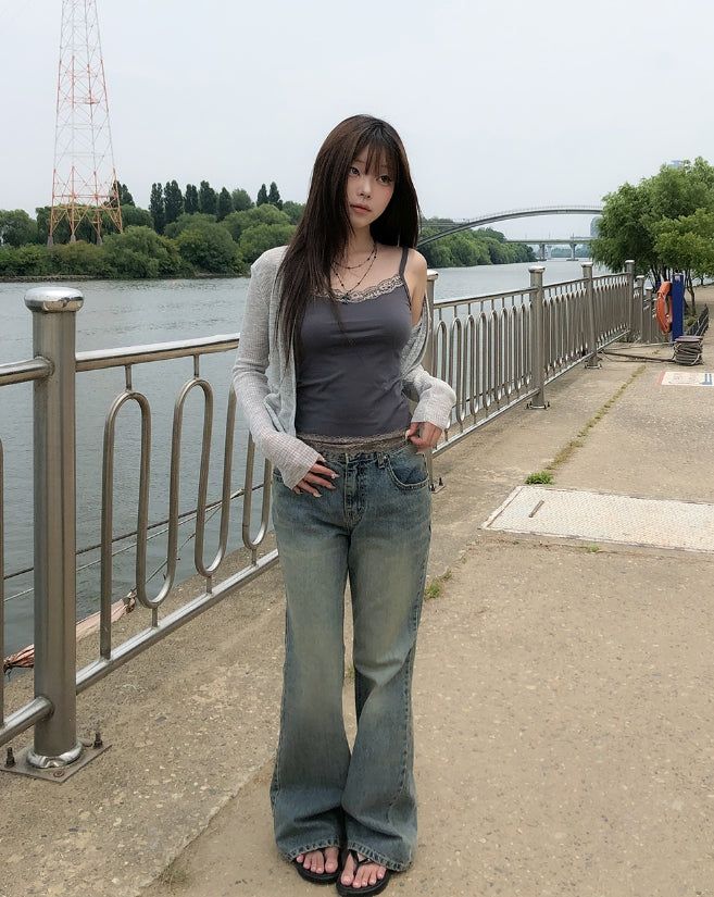 Tier Cat Washed Semi-Bootcut Denim Pants