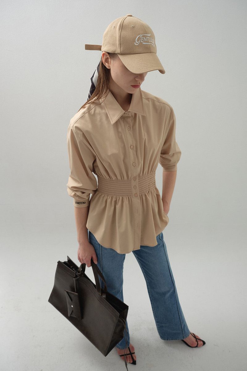 Curve Waist Stretch Shirt_Beige
