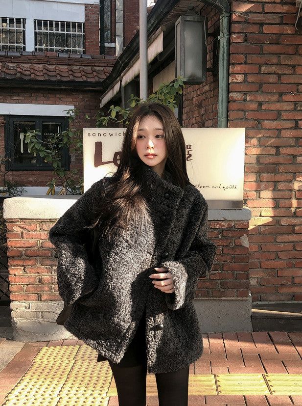 #Fluffy Boucle Ｈigh Neck Half Coat (4color)