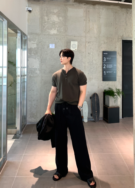Slag Henry Neck Round Short Sleeve Knit