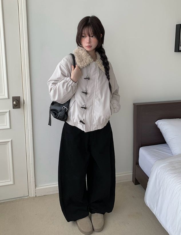 Ohe Wool Collar Duffle Quilting Padding Cotton Jacket