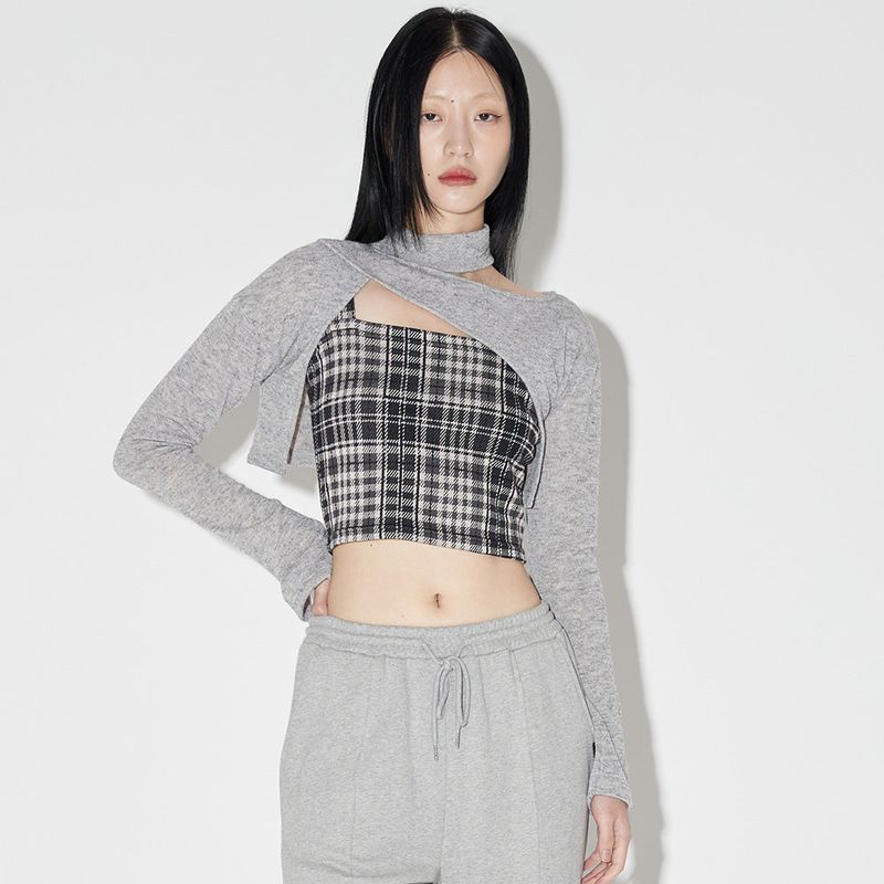 ZEROPLANET（ゼロプラネット）の「レイヤードチェックニットセット / Layered Check Knit Set [GREY]（Tops）」