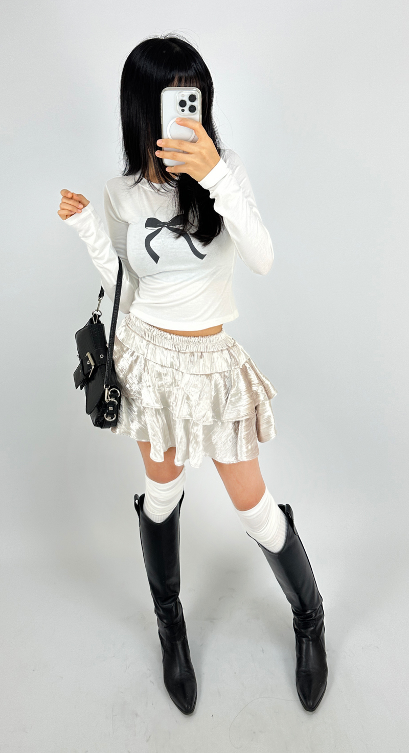 BASIC BOW-DETAIL SEMI-CROPPED STRETCH ROUND U-NECK LONG-SLEEVE TEE