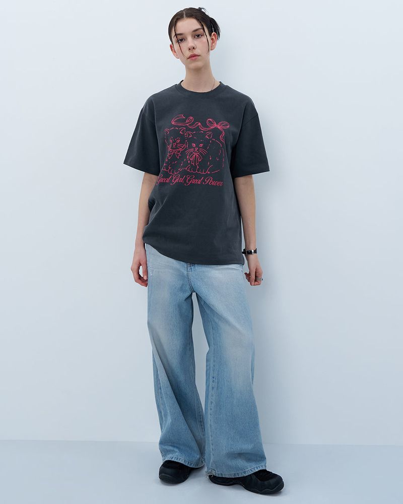 RIBBON CATS TSHIRT-CHARCOAL