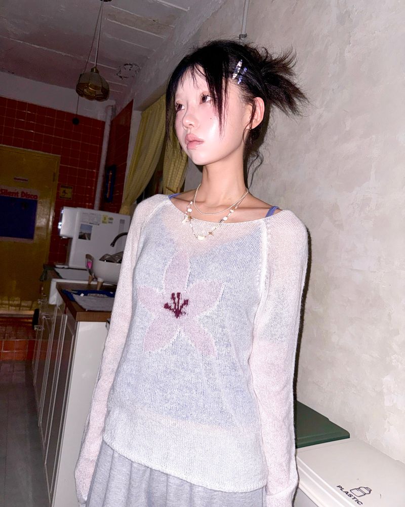(3color) Soft Flower Sheer Wool Knit