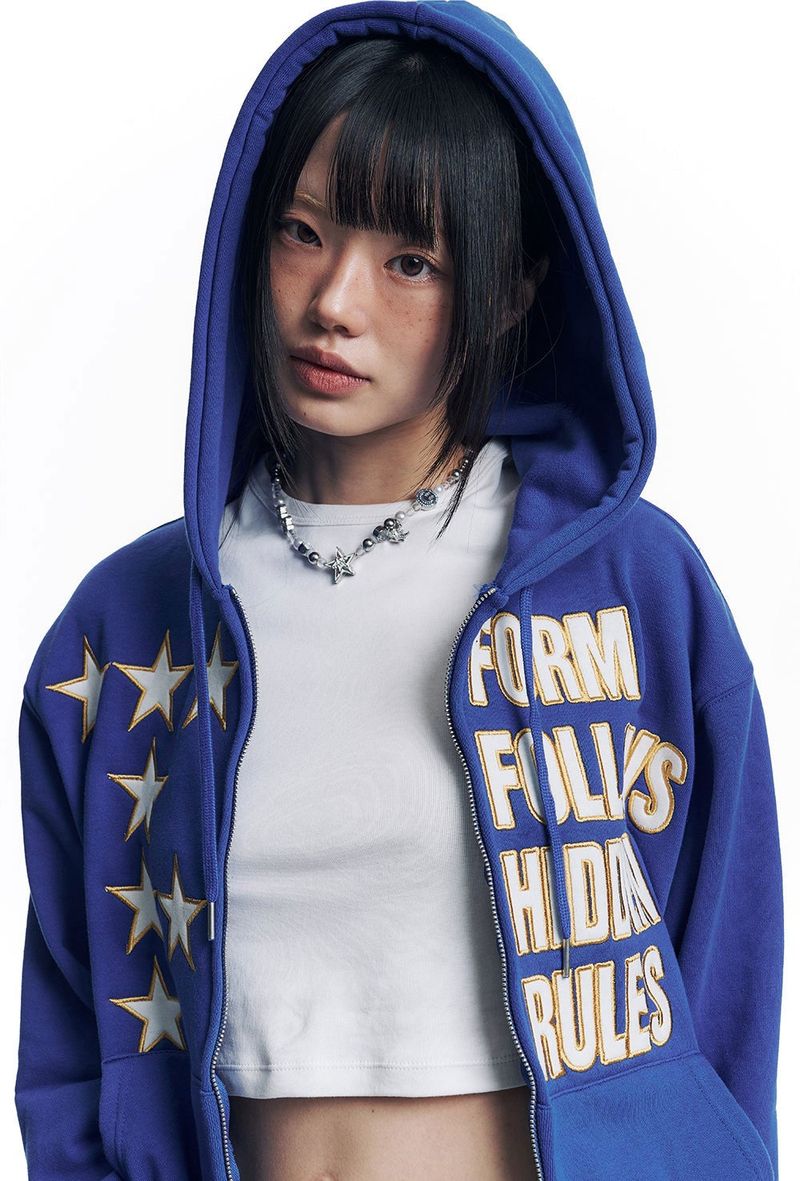 Star Lettering Patch Hoodie Zip-Up - Blue